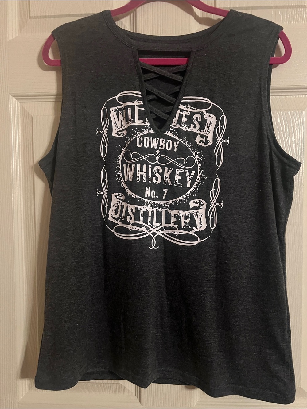 SHEIN Gray Graphic Cowboy Whiskey Lattice V-Neck Tank
